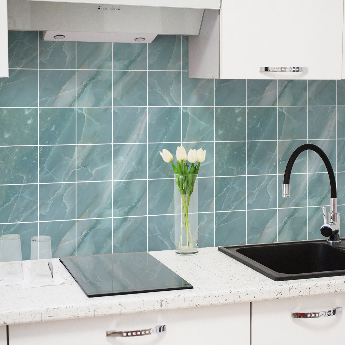 Ambiance Sticker Zelfklevende muurtegelstickers voor keuken en badkamer - 24 blauwe marmeren tegelstickers van Thela - 24 stickers van 15x15 cm Multi color