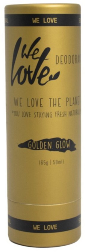Gouden deostick 'Golden Glow' van We Love The Planet. Tekst: WE LOVE DEODORANT, WE LOVE THE PLANET, YOU LOVE STAYING FRESH NATURAL, GOLDEN GLOW, (65g|58ml).