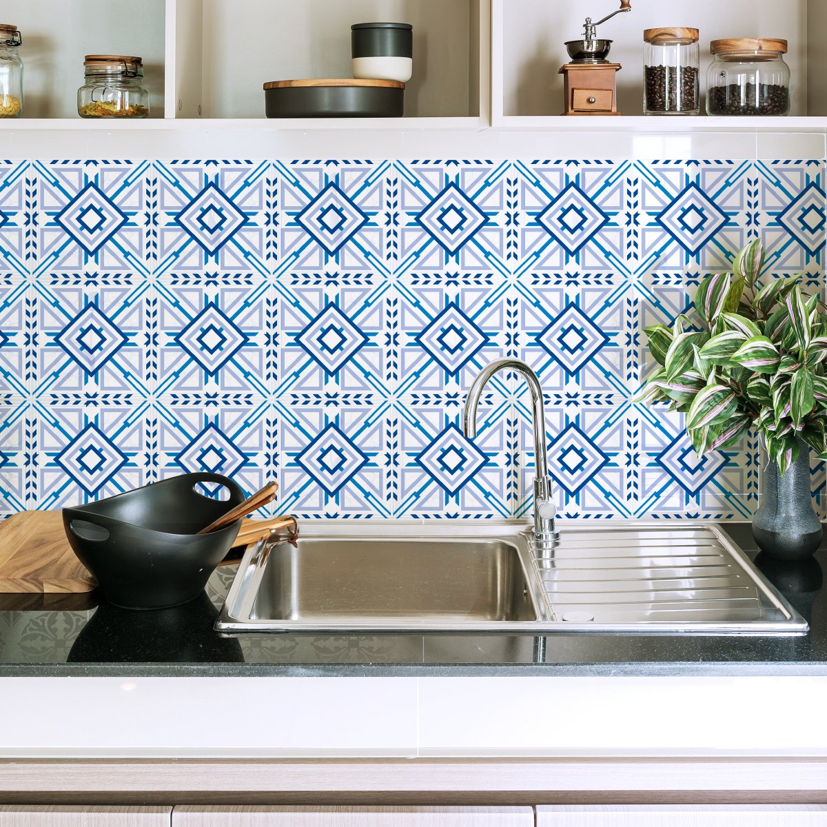 Ambiance Sticker Zelfklevende tegelmuurstickers voor keuken en badkamer - 9 cementtegelstickers, Azulejos Vicente-stijl - 9 stickers, 20x20 cm Multi color