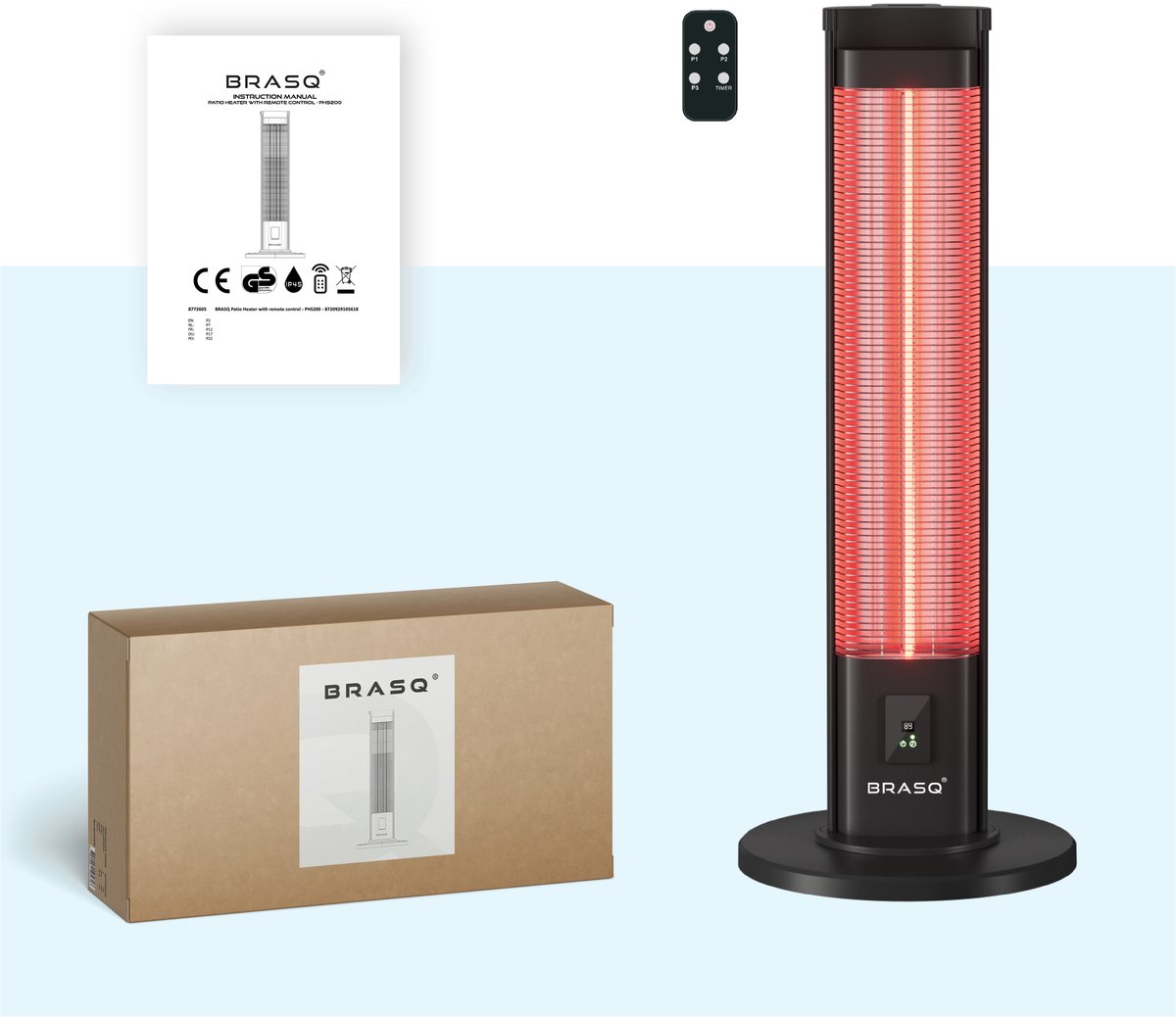 BRASQ Elektrische Terrasverwarmer staand – 2000 watt - 3 warmtestanden – met Afstandsbediening en timer – Infrarood heater – spatwaterdicht – verwarming voor binnen en buiten – Zwart – foto 6