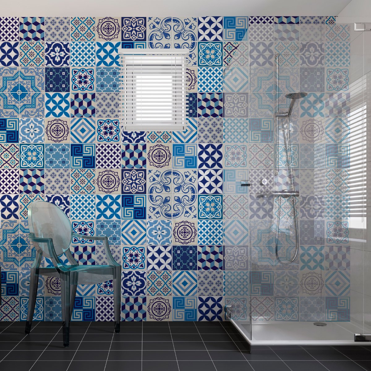 Ambiance Sticker Zelfklevende muurstickers in tegelpatroon voor keuken en badkamer - 60 cementtegelstickers, Azulejos-design, hortensia-patroon - 60 stickers, 20x20 cm Multi color
