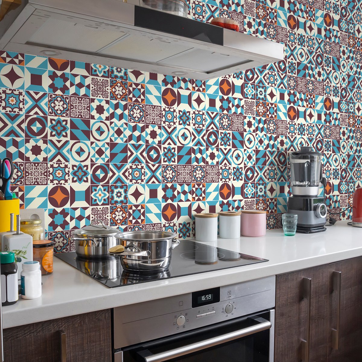 Ambiance Sticker Zelfklevende tegelmuurstickers voor keuken en badkamer - 60 cementtegelstickers (Azulejos muurstijl) - 60 stickers, 15x15cm Multi color