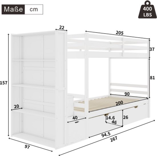 HYUB Stapelbed 90 x 200 cm met 3 laden, kinderbed hoogslaper met valbescherming en uittrekbaar bed, huisbed voor 2 kinderen, bedframe en lattenbodem van stabiel grenenhout, zonder matras, grijs