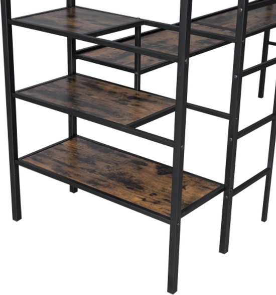 KOMHTOM 140 x 200 cm, multifunctioneel, stapelbed met kast en plank, verhoogd bed met opbergruimte en bureau (zonder matras) (zwart