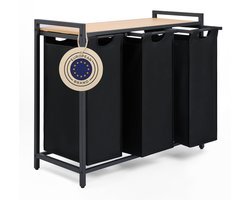 Blumtal Wasmand met 3 vakken - Wasmand met bamboe plank - Metalen frame - Wasmand met poten - Zwart