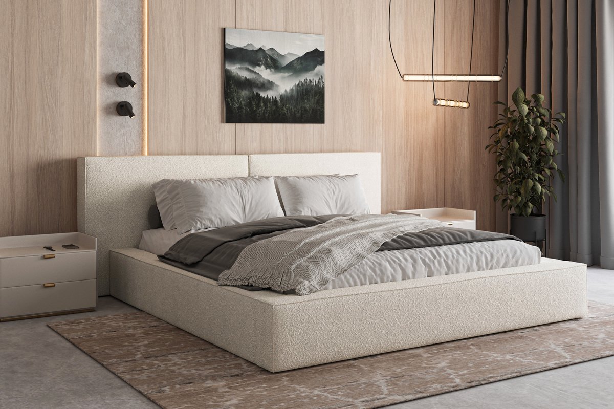 AJE Meubles B.V. Bed 06 - Gestoffeerd tweepersoonsbed met bouclé overtrek - 180x200 cm - Elegant en comfortabel - Crème (Anthology 20)