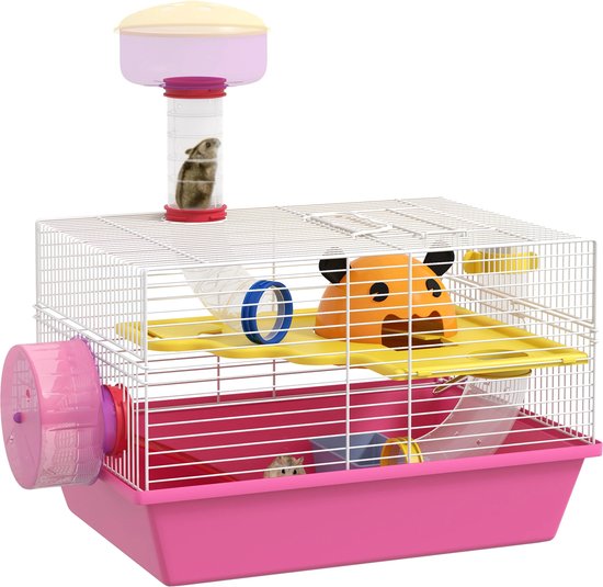 Roze hamsterkooi met ren, rad, tunnel en drinkfles. Oranje huisje en gele plateaus.