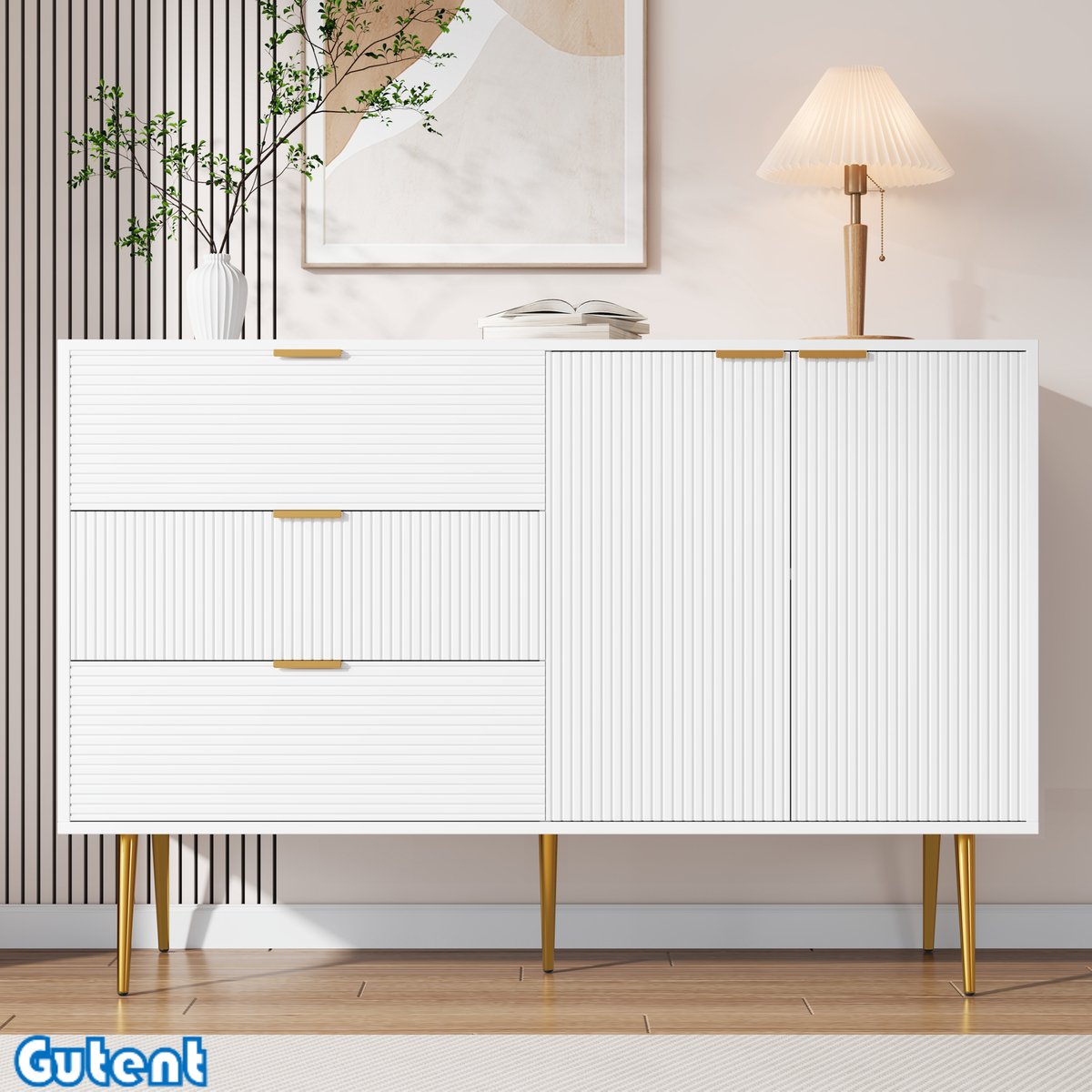 Gutent Dressoir- met deuren en laden - Gouden handvat - Gouden benen - Wit