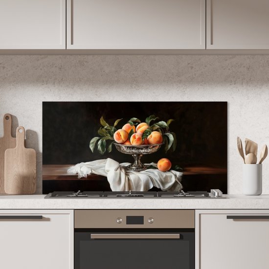 Crédence de Cuisinière en Aluminium 100x50 cm - Nature morte - Pêches - Vintage - Écran Pare-éclaboussures pour Plaque de Cuisson - Protection Murale