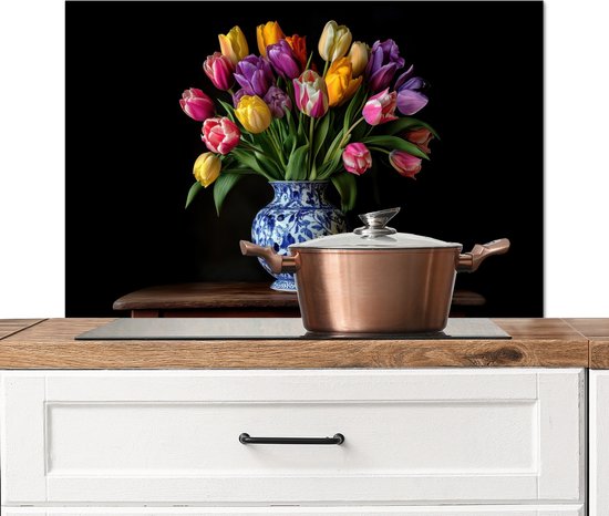 Crédence de Cuisinière en Aluminium 90x60 cm - Tulipes - Couleurs - Vase - Écran Pare-éclaboussures pour Plaque de Cuisson - Protection Murale