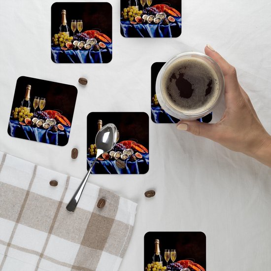 Dessous de verre Champagne - Luxe - Huîtres - 10x10 cm - 6 morceaux - Sous pour Verres et Tasses