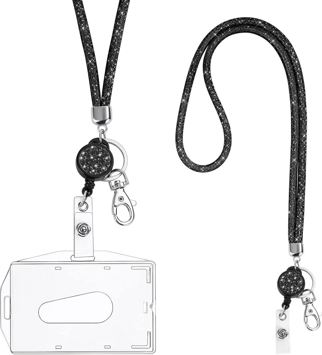 Kristallen ID-kaarthouderlanyard met transparante ID-kaarthouder-Zwart .