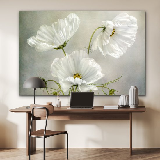 Aluminium schilderij 180x120 cm - Wanddecoratie metaal - Bloemen - Stilleven - Klaproos - Wit - Botanisch - Metalen muurdecoratie woonkamer - Decoratie industrieel - Foto op dibond - Industriële accessoires slaapkamer