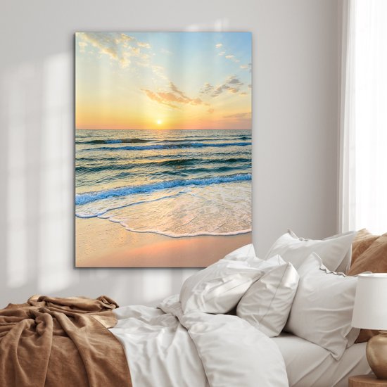 Peinture aluminium 90x120 cm - Décoration murale métal - Plage - Mer - Coucher de soleil - Vague - Décoration murale métallique salon - Décoration industrielle - Photo sur dibond - Accessoires industriels chambre à coucher