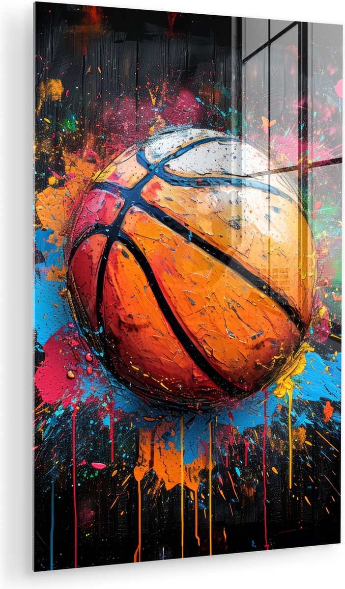 MuchoWow® Glasschilderij 20x30 cm - Schilderij acrylglas - Graffiti - Basketbal - Verf - Sport - Street art - Foto op glas - Muurdecoratie woonkamer - Wanddecoratie slaapkamer - Schilderijen