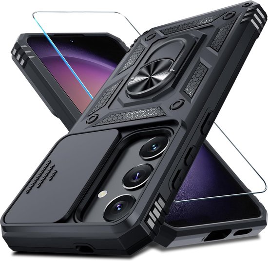 Coque de téléphone noire avec motif détaillé, anneau de support, protection coulissante pour objectif de caméra et protecteur d'écran en verre.