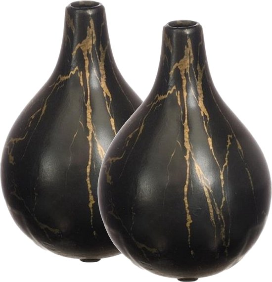 Idea4seasons Bloemenvaas Dazzle - 2x - marmer look - Zwart/goud - Keramiek - D12 cm x H18 cm - vaas