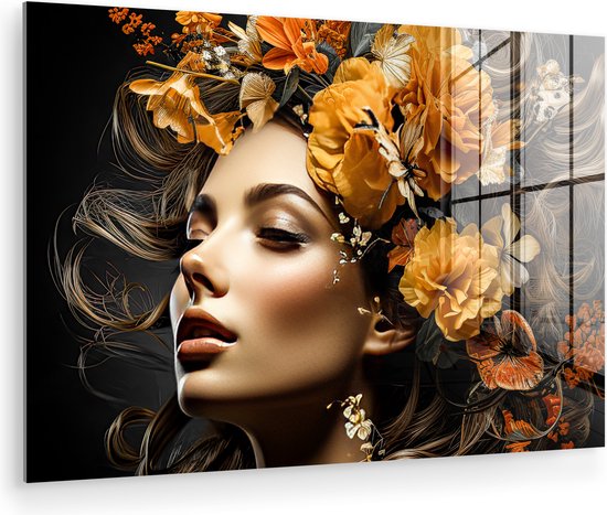 Peinture sur verre 120x80 cm - Femme fleurs - Photo sur verre - Tableau salon portrait - Tableaux plexiglas chambre - Décoration chambre plaque de verre - Décoration Décoration murale peintures sur verre - Décoration murale colorée