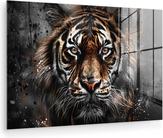 MuchoWow® Tableau sur verre 120x80 cm - Tableau sur verre acrylique - Tigre - Animaux - Portrait - Luxe - Zwart - Photo sur verre - Décoration murale salon - Décoration murale chambre - Peintures