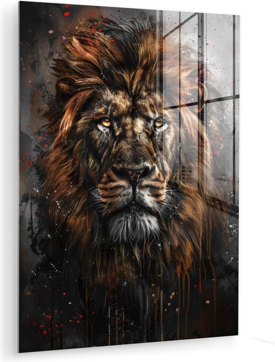 MuchoWow® Glasschilderij 60x80 cm - Schilderij acrylglas - Leeuw - Dieren - Portret - Zwart - Luxe - Foto op glas - Muurdecoratie woonkamer - Wanddecoratie slaapkamer - Schilderijen