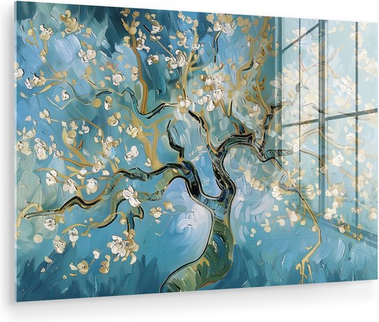 MuchoWow® Glasschilderij 120x80 cm - Schilderij acrylglas - Amandelbloesem boom - Blauw - Abstract - Foto op glas - Muurdecoratie woonkamer - Wanddecoratie slaapkamer - Schilderijen