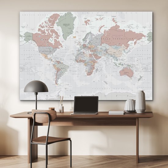 Décoration murale Métal - Aluminium - Wereldkaart - Vintage - Pastel - 150x100 cm