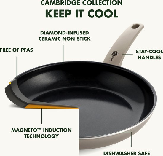 GreenPan Cambridge Hapjespan 28cm met deksel - 4.2L – PFAS-vrije antikleeflaag – Hapjespan inductie – Keramische pan - Ovenbestendig tot 160°C - Koudgrepen - Glazen deksel - Brons