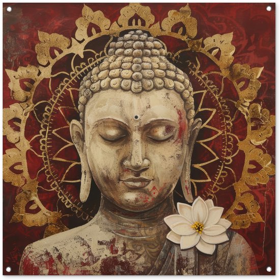 Tuinposter 100x100 cm - Tuindecoratie Boeddha - Mandala - Bloem - Rood - Goud - Zen - Poster voor in de tuin - Buiten decoratie - Schutting tuinschilderij - Tuindoek muurdecoratie - Wanddecoratie balkondoek