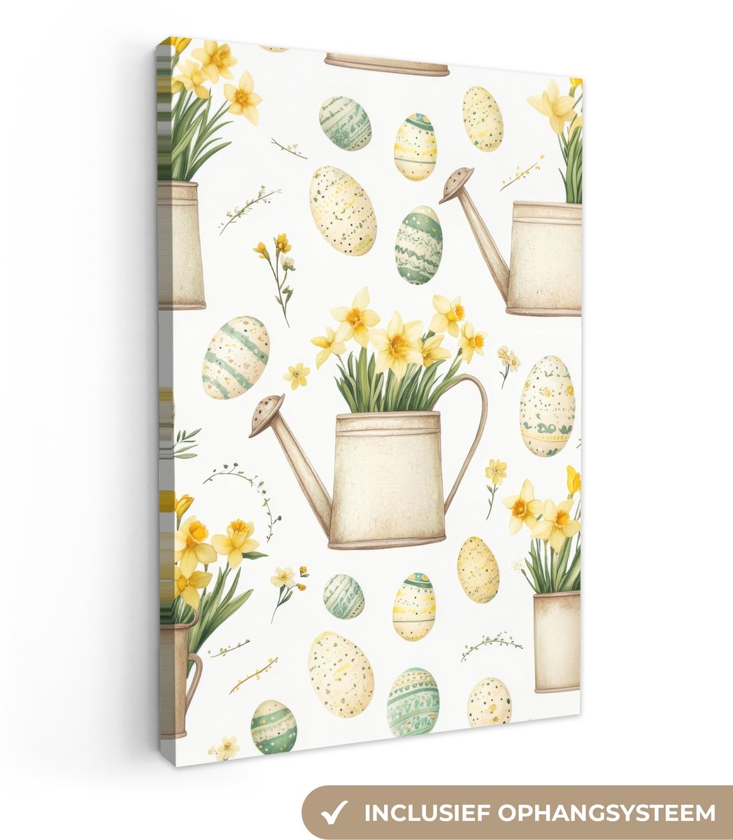 Canvas schilderij 80x120 cm - Exclusieve wanddecoratie Gieter - Bloemen - Eieren - Muurdec