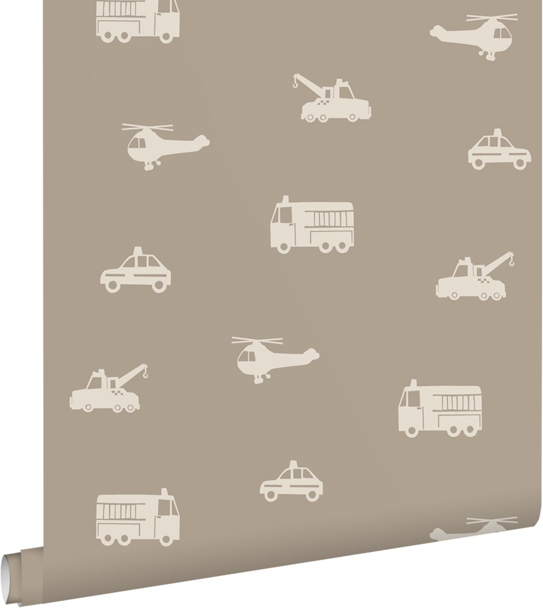 ESTAhome behang auto's, brandweerauto's, helikopters en kranen taupe - 53 cm x 10.05 m - 131399