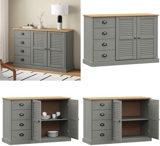 vidaXL Buffet avec tiroirs VIGO 113x40x75 cm Bois de pin massif Gris - Buffet - Commodes - Armoire de rangement - Armoire murale