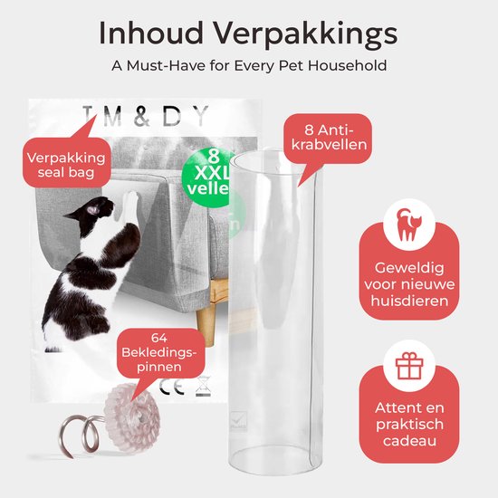 De verpakking van de anti-krab vellen, met een kat die aan een bank krabt. Tekst: 'Inhoud Verpakking', '8 XXL vellen', '64 kledingpinnen'.
