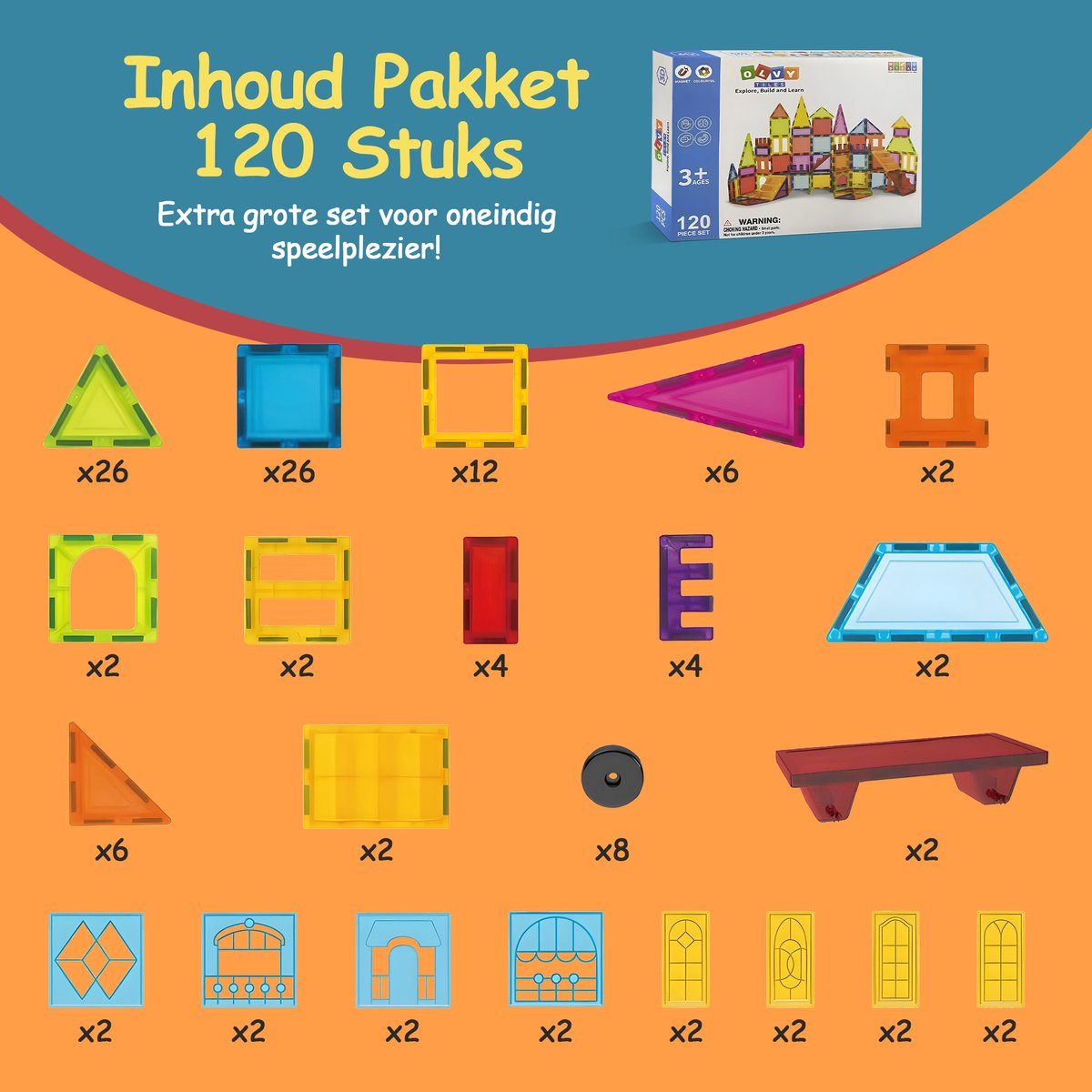 Magnetic Tiles - 120 Stuks - Speelgoed - Magnetische Tegels - Educatief & Constructie - Auto - Montessori - Bouwstenen - Blokken - Voor 3, 4, 5, 6, 7, 8, 9 Jaar - Bouw je Magna Wereld - Kinderen - Olvy — cadeau in Spellen & Speelgoed - foto 7