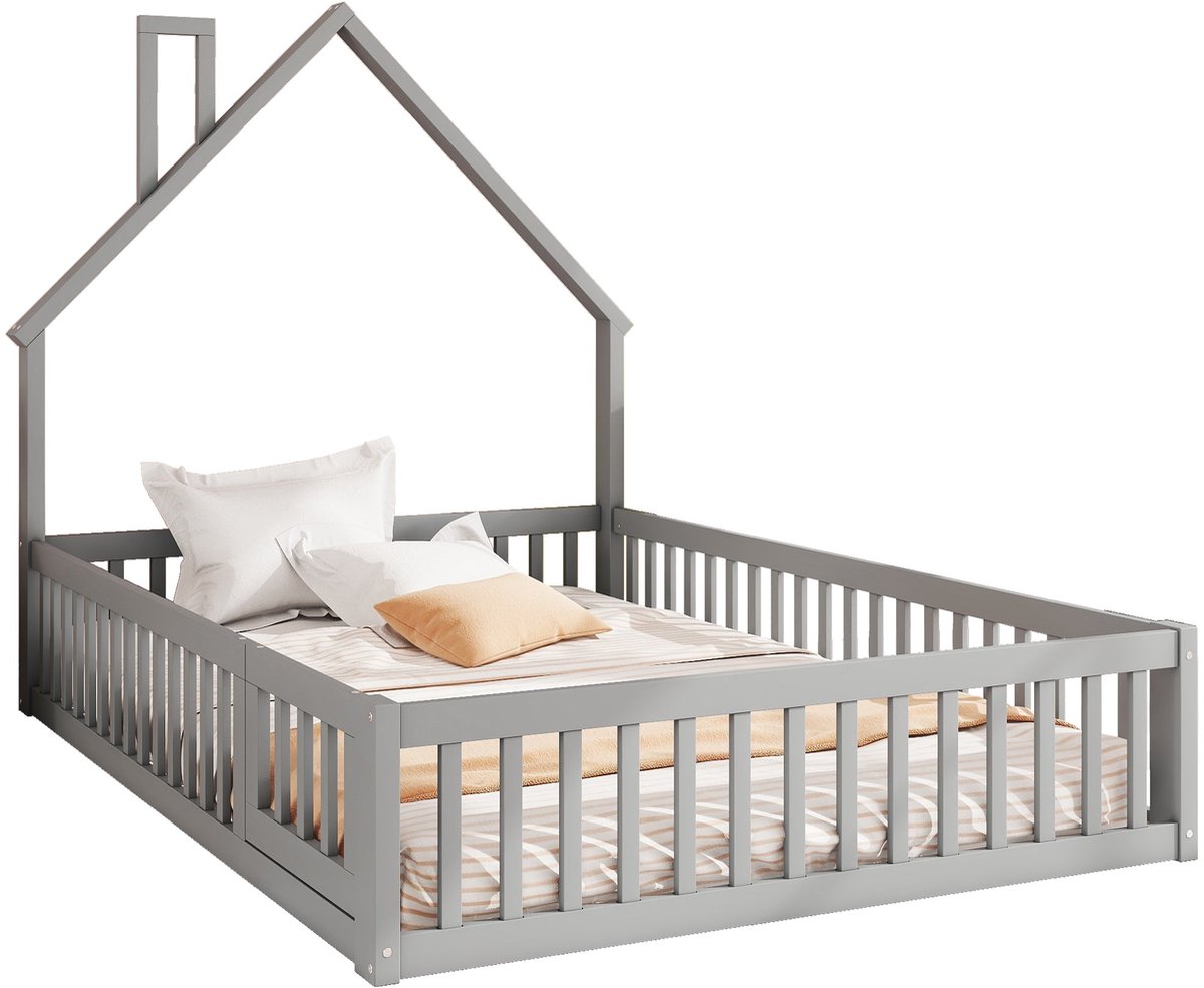 Merax Kinderbed Tweepersoonsbed in Huisvorm met Schoorsteen - 140x200 cm - Bed met Veiligh