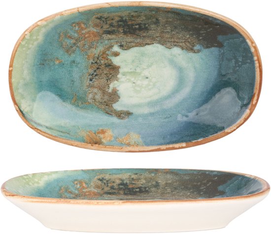 Ovalen serveerschaal met een handgeschilderd effect in blauw, groen en bruin, met een crème rand.
