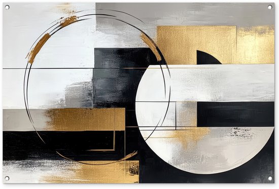 Tuinposter 120x80 cm - Tuindecoratie Abstract - Goud - Zilver - Vormen - Aesthetic - Poster voor in de tuin - Buiten decoratie - Schutting tuinschilderij - Tuindoek muurdecoratie - Wanddecoratie balkondoek
