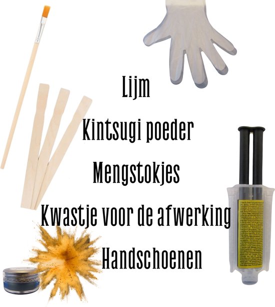Kintsugi reparatieset met lijm, poeder, mengstokjes, kwastje en handschoenen.