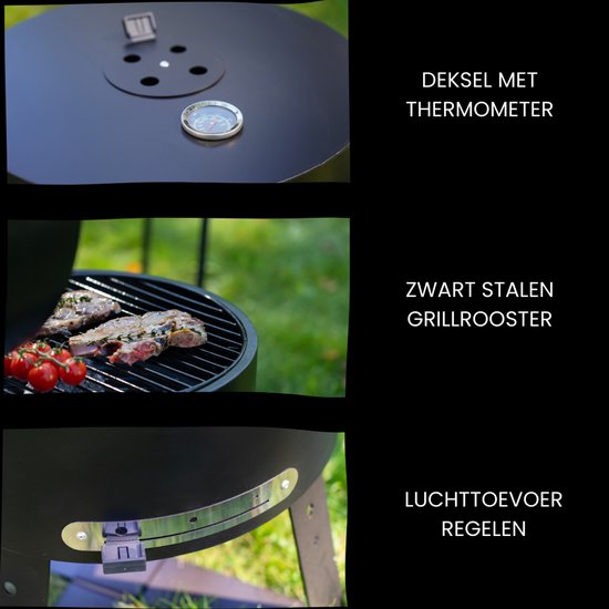HEAT Houtskool Barbecue - Compacte Draagbare BBQ met Thermometer en Luchtregulatie - Zwart Staal - Inclusief Houten Handvat met Merklogo en Stalen Grillrooster - Ideaal voor Camping, Tuinfeesten en Picknicks - 40x40x57 cm van HEAT — afbeelding 4