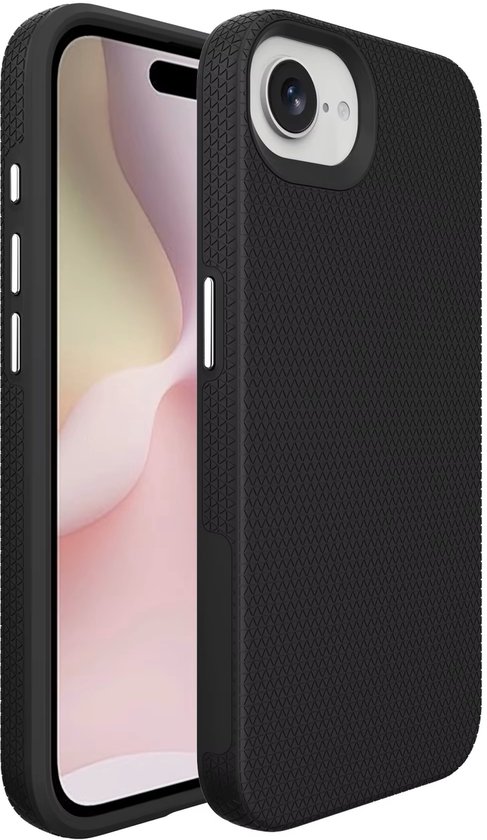 Coque de téléphone noire anti-glisse texturée, à côté d'un iPhone.