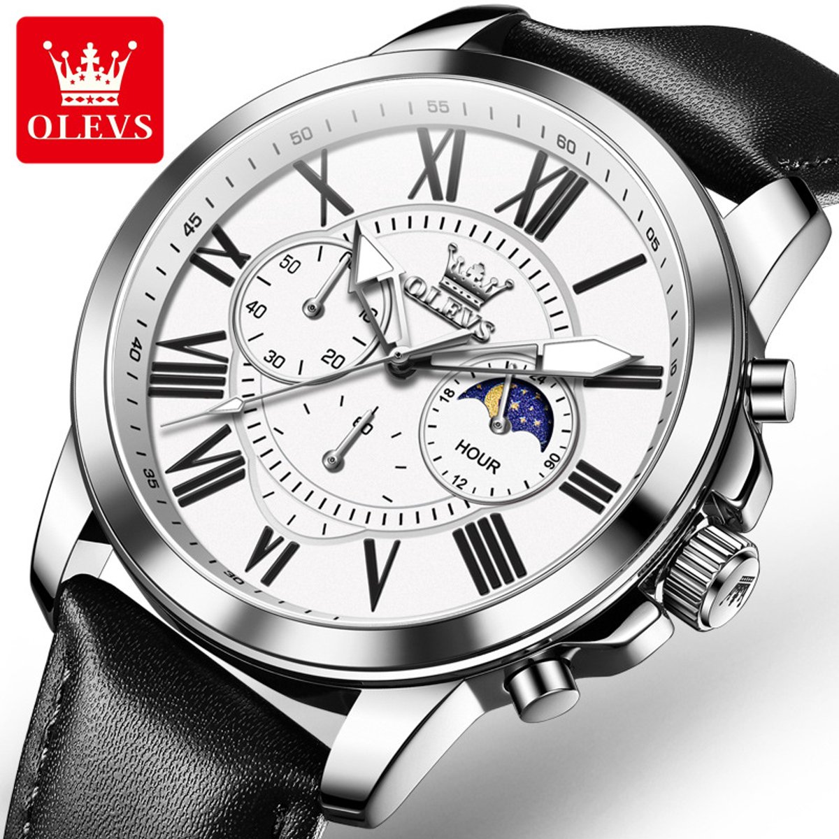 HO-3632.zw-z : Olevs zilverkl edelstaal chronografisch quartz horloge, zilverwitte wijzerplaat, zwarte genuine lerenband, uren minuten maanfase -aanduiding