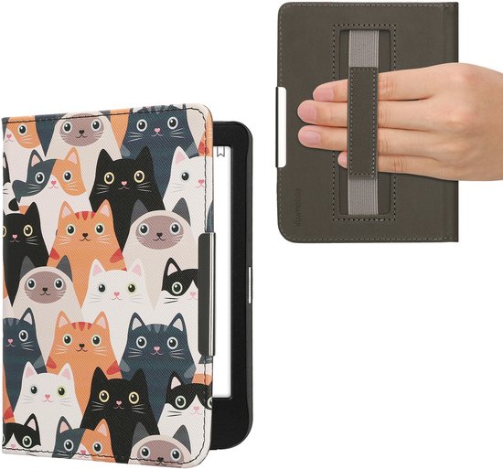 Étui pour liseuse kwmobile adapté à Kobo Clara BW / Étui de couleur - Étui à rabat pour liseuse avec fermeture magnétique - Étui pour liseuse - Motif Chats en orange / noir / blanc