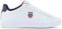 Zijaanzicht van een witte K-Swiss sneaker met navy hiel en geborduurd K-Swiss logo.