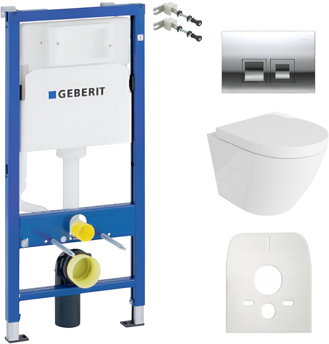 Inbouwreservoir Complete Toiletset Geberit Duofix Basic - Inbouw WC Hangtoilet Wandcloset SOGO Wit Hoogglans - Bedieningsplaat DELTA Chroom Vierkant - Voorwandelement - Installatiesysteem