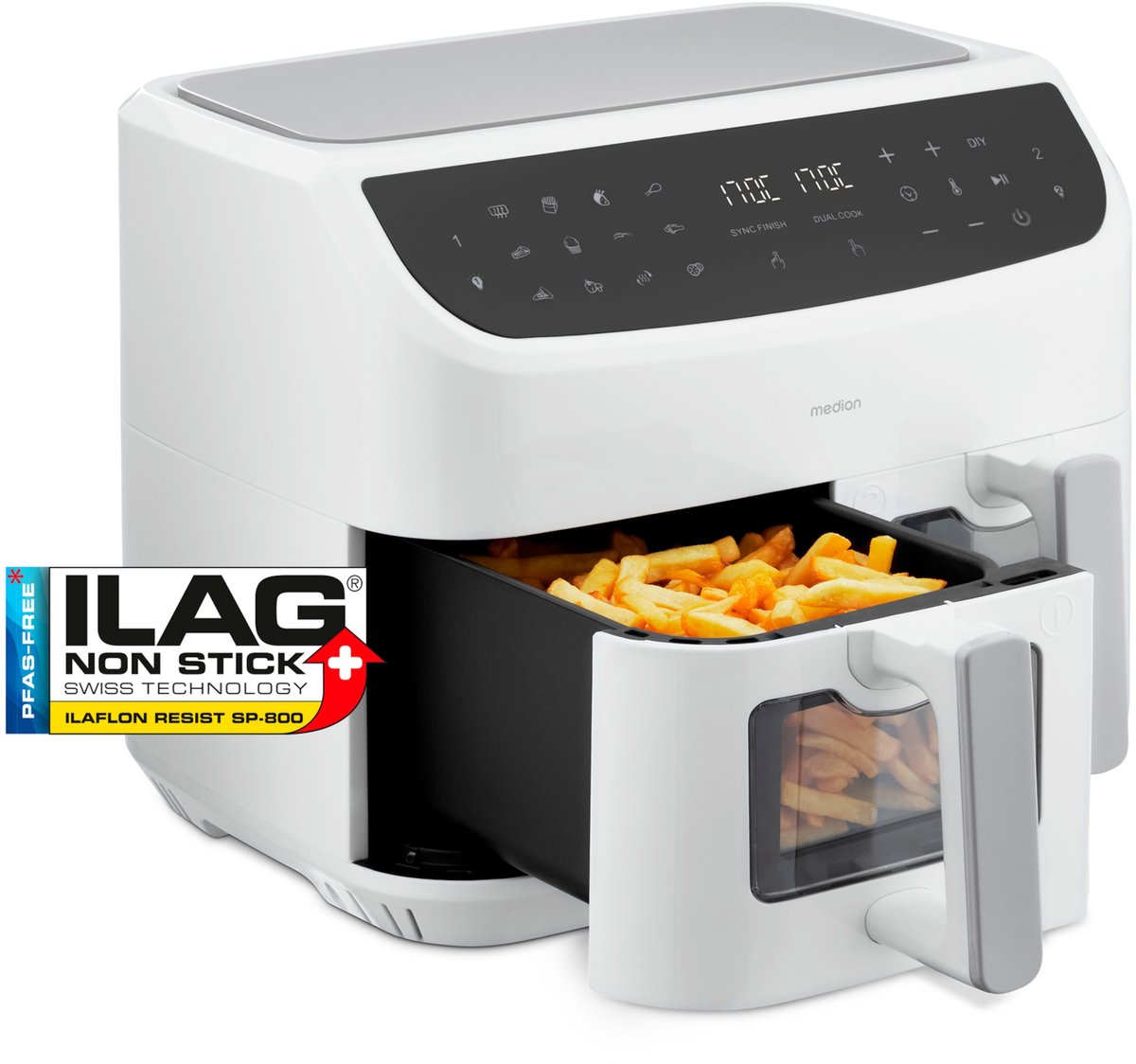 MEDION P20 XXL Dubbele Airfryer (8,7 liter, 2.600 watt, heteluchtfriteuse met 2 kamers, kijkvenster, 9 automatische programma's, 2 lades, Dual Airfryer, Dual Cook & Sync finish functie) wit