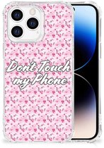 Joli étui pour smartphone iPhone 14 Pro Backcase en TPU avec bord transparent Flowers Pink Don't Touch My Phone