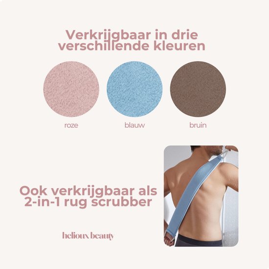 Drie ronde swatches in roze, lichtblauw en bruin. Een man gebruikt een lichtblauwe rugschrobber.