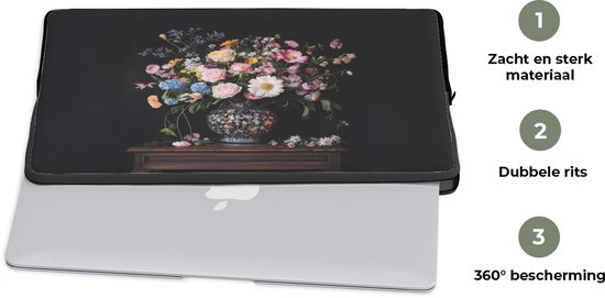 Laptophoes 15.6 inch - Bloemenvaas - Hout - Bloemen - Boeket - Laptop sleeve - Binnenmaat 37x26 cm - Zwarte achterkant