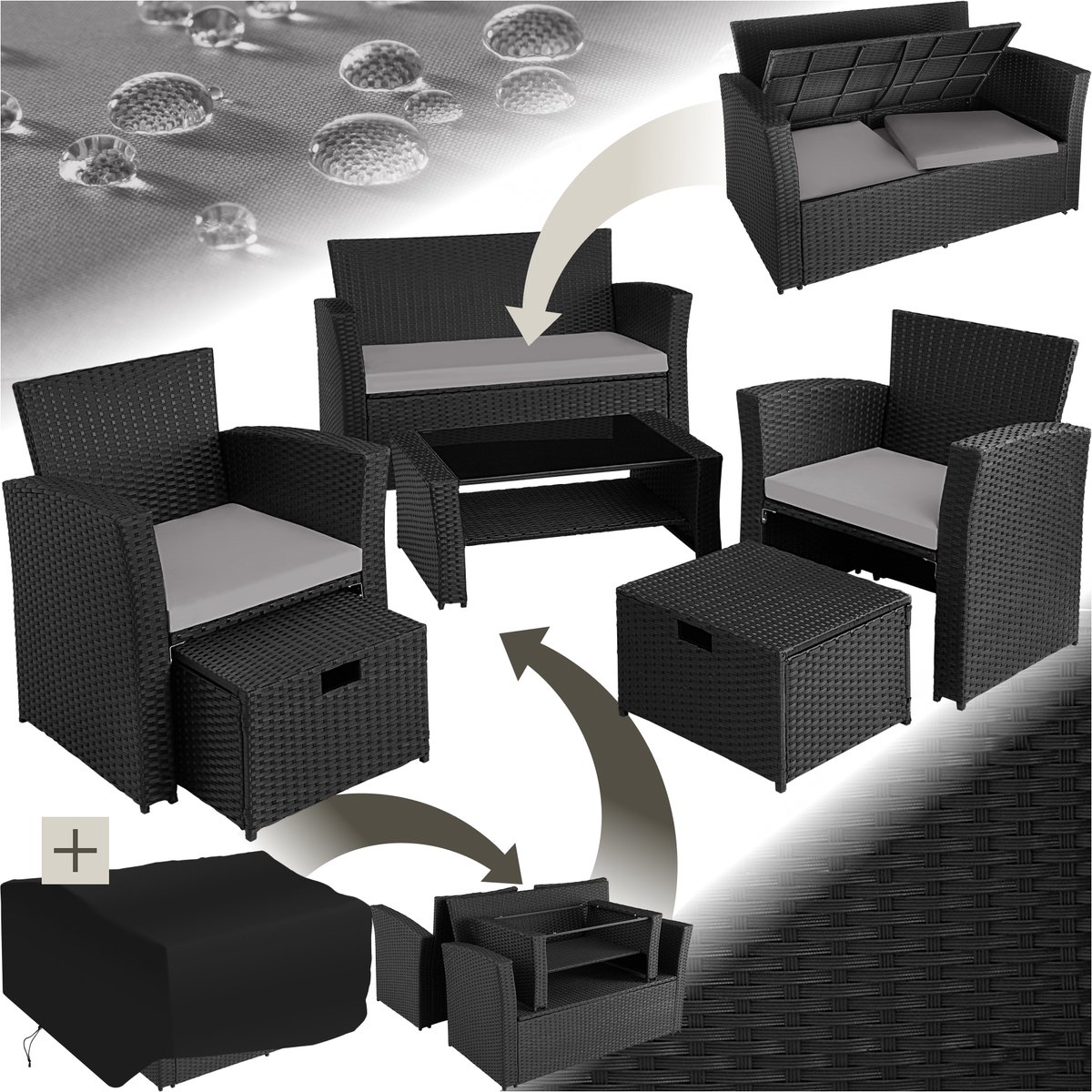 tectake® - wicker tuinzitgroep voor 4 personen met kruk, poly rotan tuinmeubelset met ingebouwde opbergbox in de bank - zwart/grijs - incl. beschermhoes