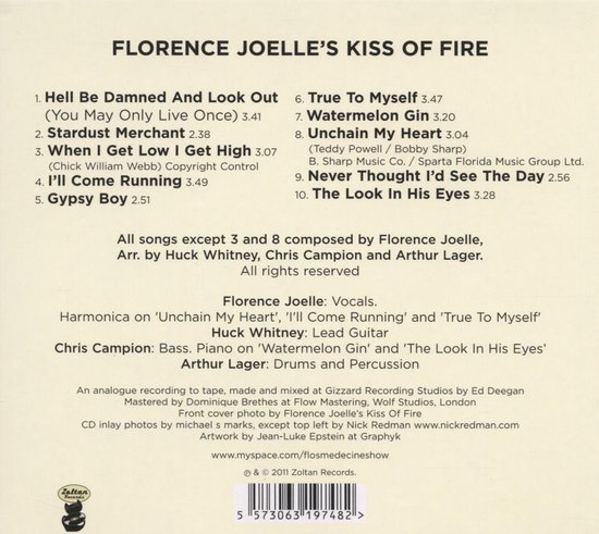 Achterkant CD hoesje met tracklist, artiesten en credits voor "FLORENCE JOELLE'S KISS OF FIRE".
