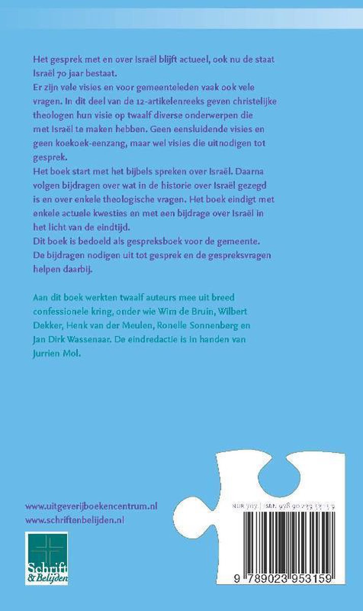 Boek met puzzelstuk als achtergrond, tekst in het Nederlands, titel: Geloven op goede gronden 5 - 12 artikelen over Israël